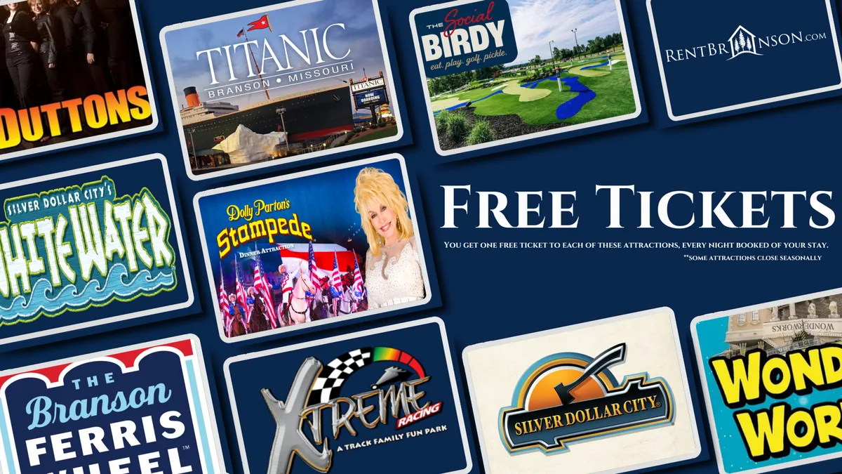 This image shows attraction tickets prominently displayed with logos of popular Branson attractions and promotional text. The scene hints at the exciting local experiences guests can access during their stay, specifically spotlighting the added value of included tickets.